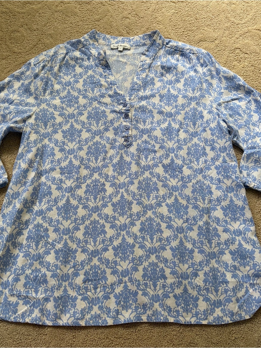Susan Bristol Blue and White Printed Henley Tunic